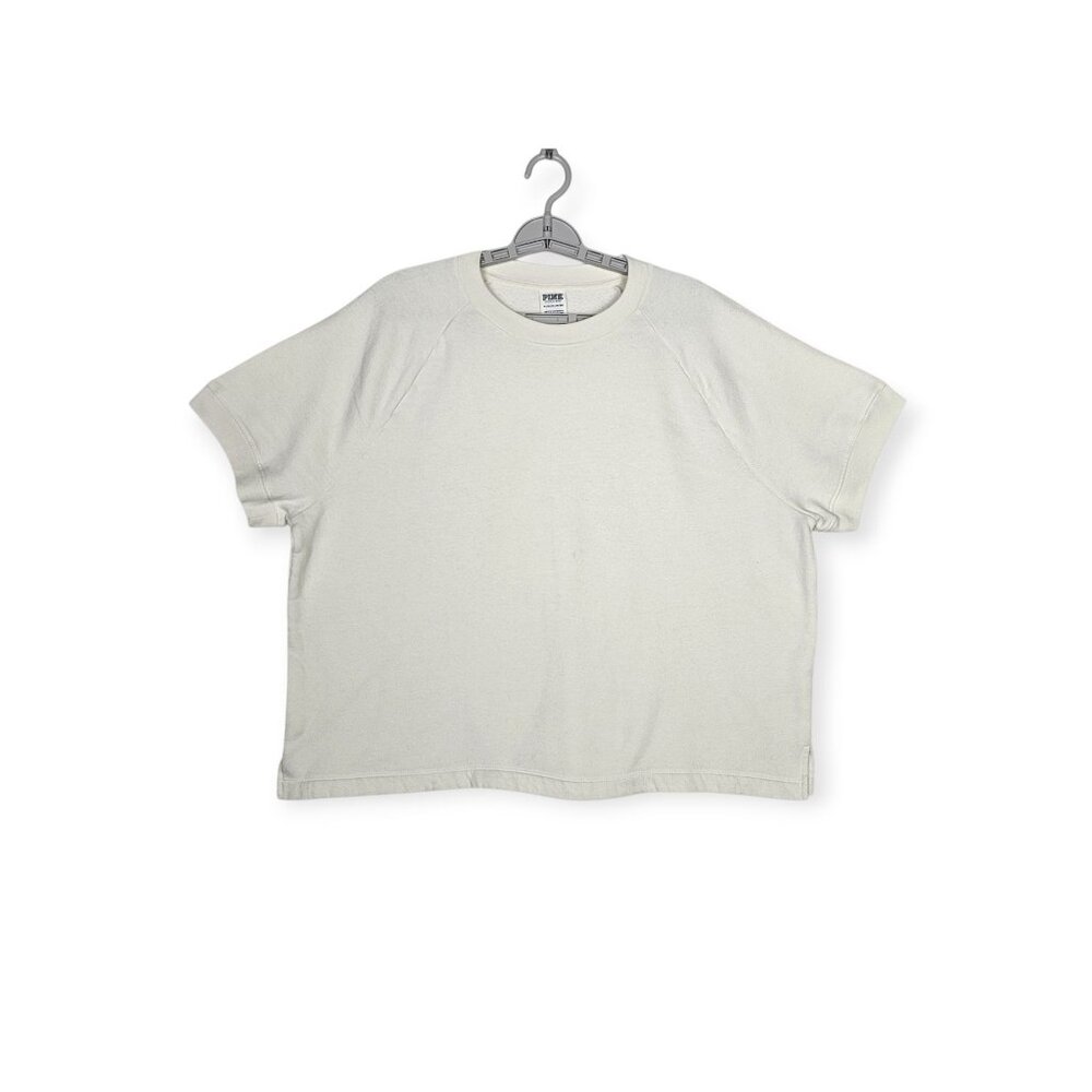 PINK Victoria's Secret Boxy Cropped Sweatshirt XL Cream Short Sleeve Crew Neck